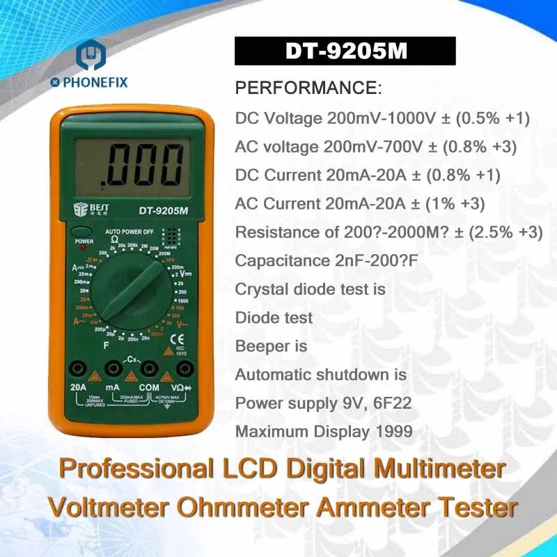 BEST DT 9205M Multimeter Voltmeter Ohmmeter Ammeter Tester LCD Digital
