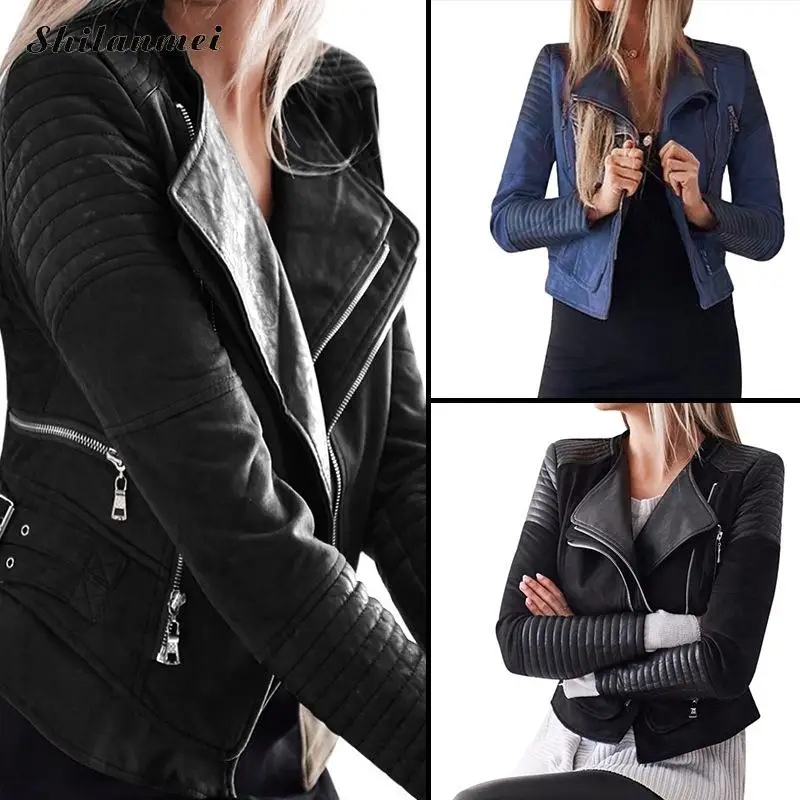 

2019 Fashion Winter Autumn Motorcycle PU Leather Jackets Black Blue Solid PU Coat Women Leather Solid Slim PU Coat Jacket Short