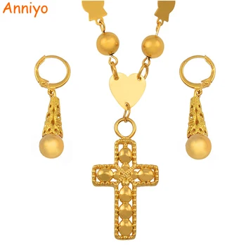 

Anniyo Micronesia Jewelry sets Colorful Stone Cross Pendant Necklace Earrings Round Beads Chain Marshall Jewellery Guam #133806S
