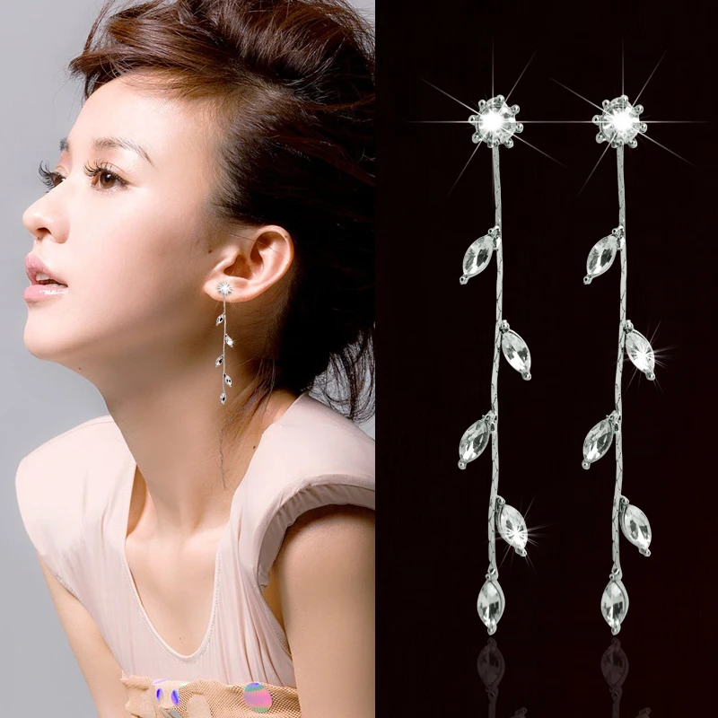 

New Fashion Zircon Long Leaf Drop Earrings for Women Elegant Crystal Heart Stud Long Dangle Earrings Pendant