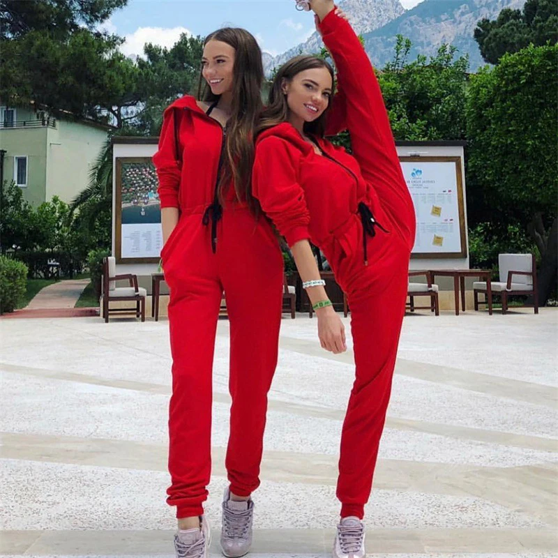 red zip up jumpsuit