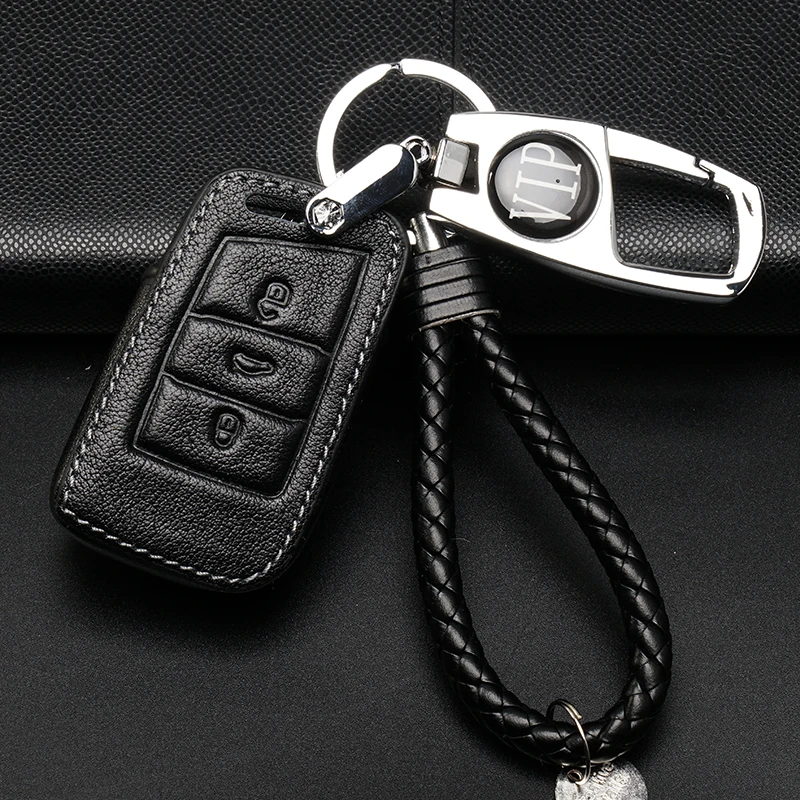 

Leather Car Key Cover Case+Zinc alloy Keychain For Volkswagen VW Tiguan MK2 2017 2018 2016 Passat B7 B8 CC For Skoda Superb A7