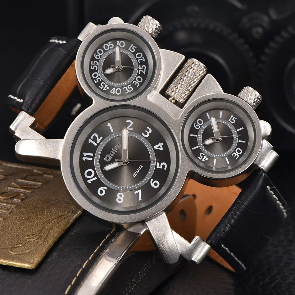  Mens Watches Oulm Top Brand Luxury Military Quartz Watch Unique 3 Small Dials Leather Strap Male Wr