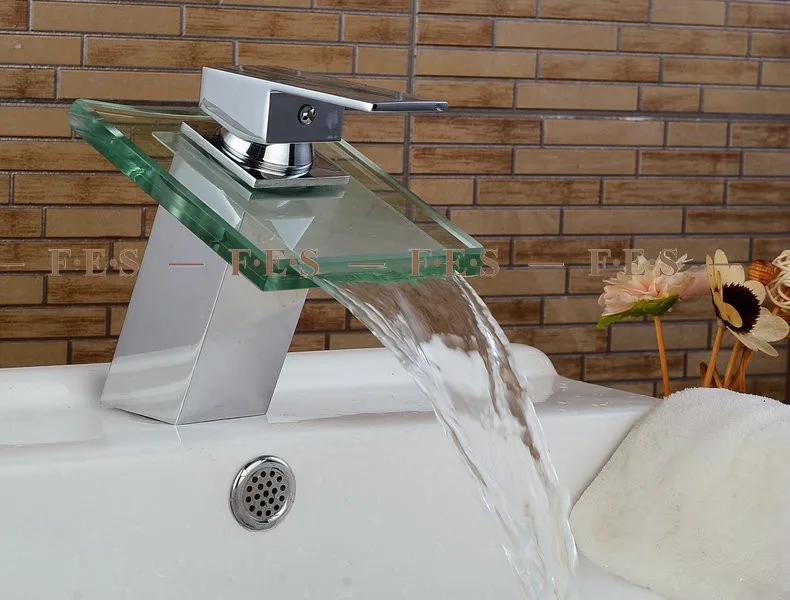 Кран для ванной комнаты, смеситель для раковины, хромированный латунный квадратный стеклянный водопад кран BF036