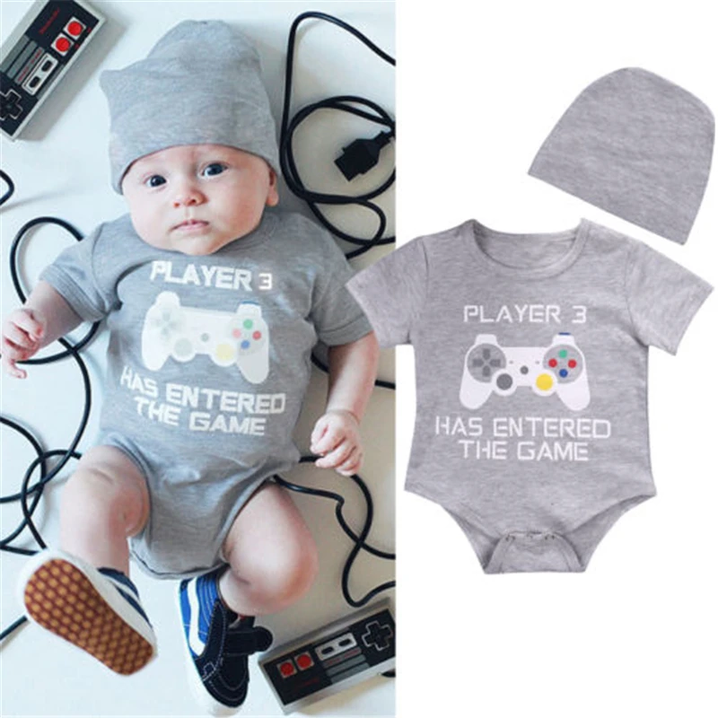 

PLAYER 3 Newborn Baby Boy Clothes Jumpsuit Bodysuit+Hat Outfits Set Summer Hot New Baby Boy Clothes Play Game Printed Bodysuit