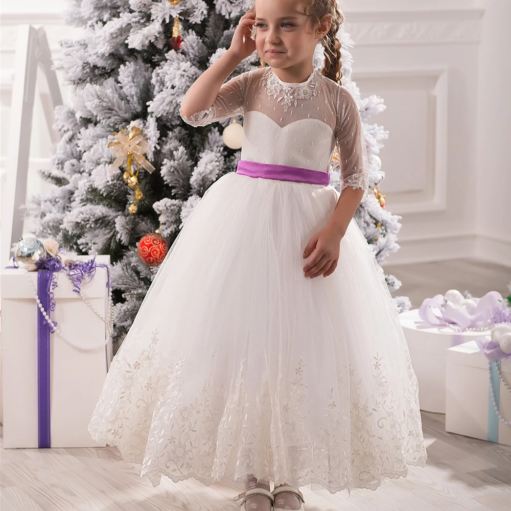 

Elegant Mesh Infant Little Girl Dresses for Weddings Sweetheart Seven Sleeves Lace Appliques First Communion Dresses 0-12 Year