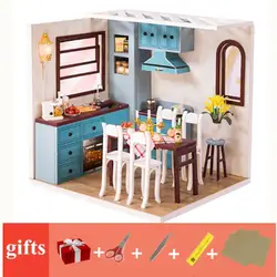 Миниатюрный Кукольный дом набор кухонной модели аксессуары игрушки деревянный кукольный домик diy Миниатюрные для детей poppenhuis keuken dinette enfan