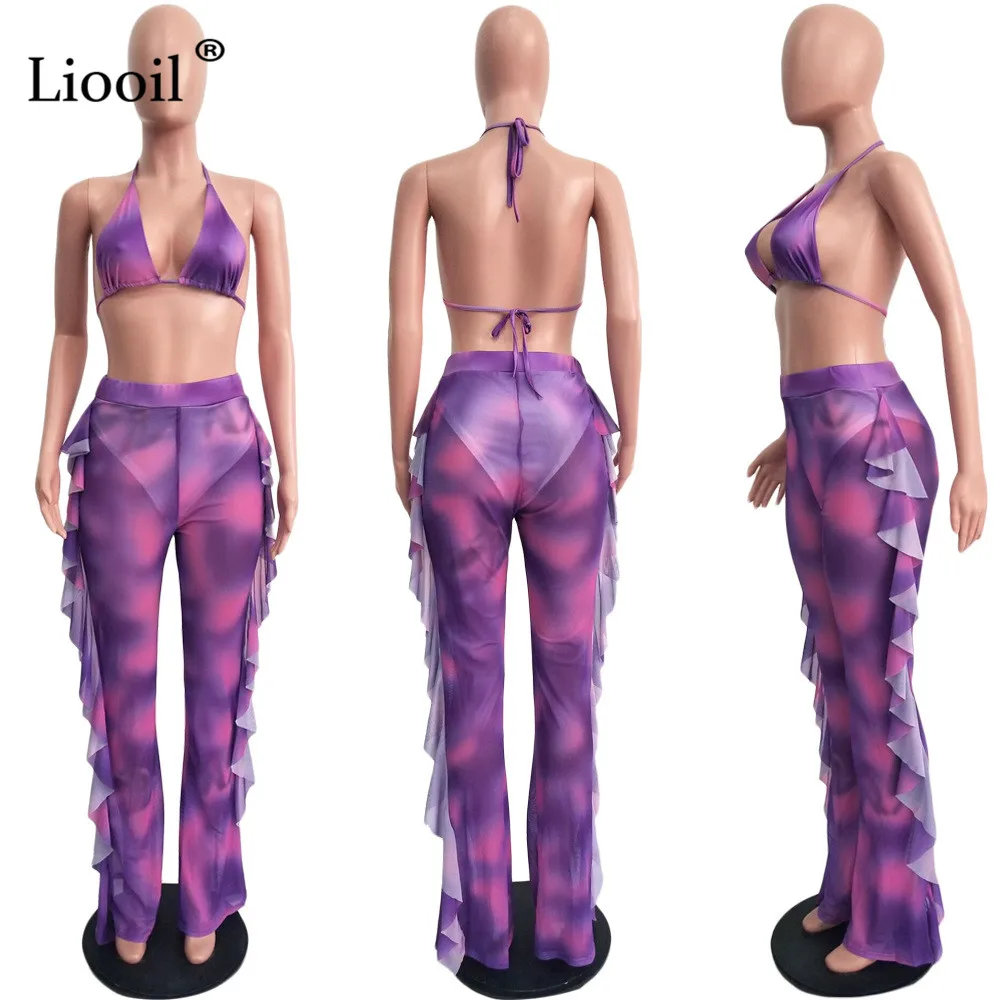 Liooil Tie Dye, комплект из 2 предметов, сексуальный женский комбинезон с открытой спиной и рюшами, v-образный вырез, открытые вечерние комбинезоны, неоновый женский комбинезон