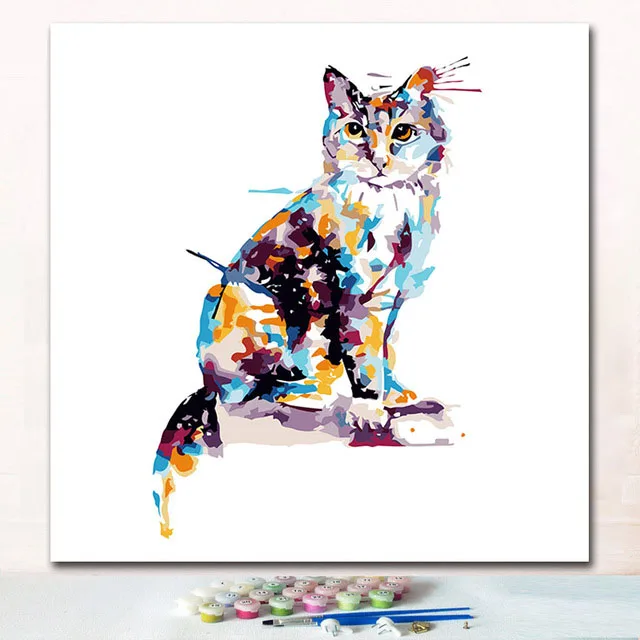 

Coloring paints by numbers Watercolor colorful cats pictures paintings animals with colours on canvas for children