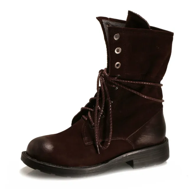 Women Genuine Leather Mid Calf Boots 3 CM Low Heels Lace Up Martin