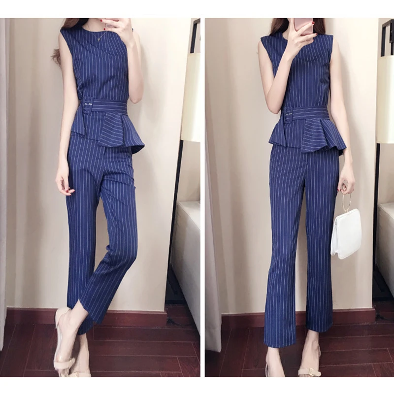Solid Color Belt ankle length Pants Loose Split Legs Ladies Pant Summer