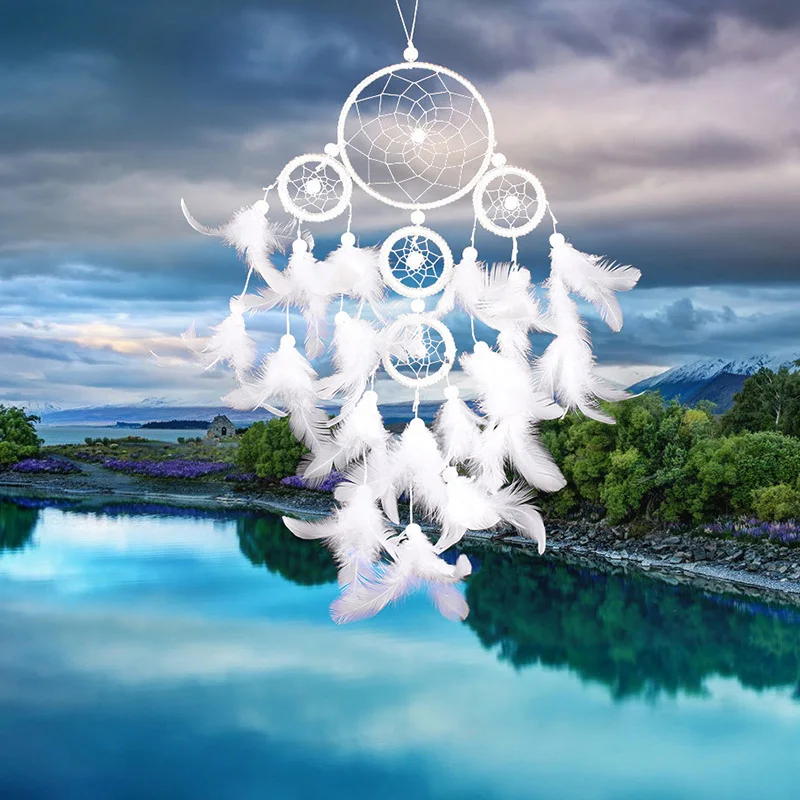 White Dreamcatcher Wind Chimes Indian Style pearl Feather Pendant Dream Catcher Gift