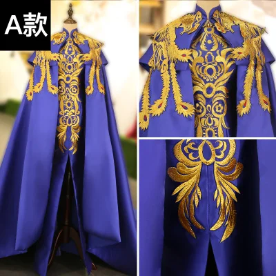 

100%real royal blue golden bird embroidery drama stage gown with cloak/long studio performance gown/can customs size making