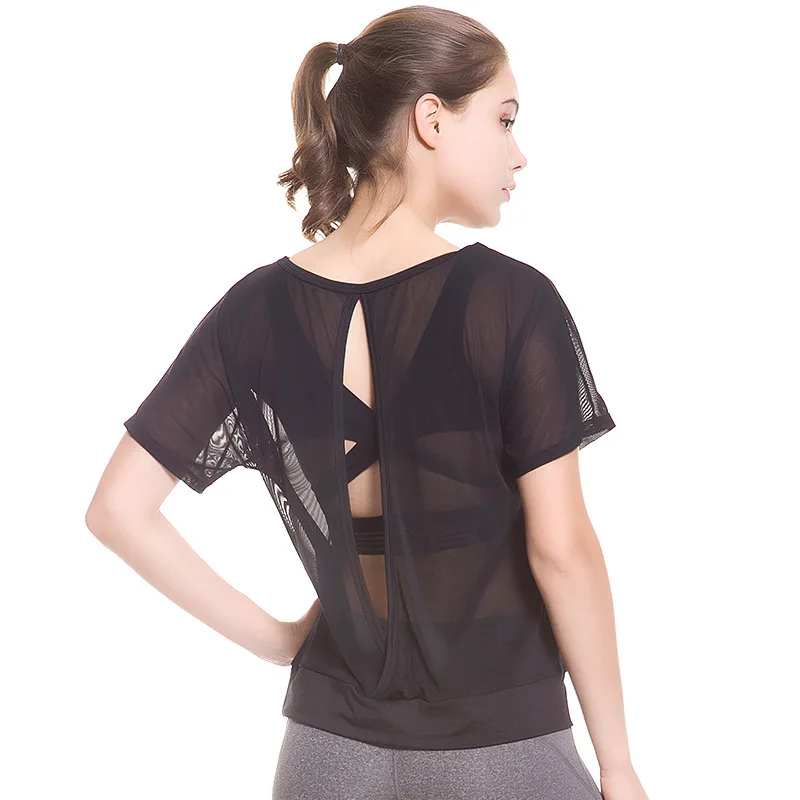 

2019 New Sexy Mesh Yoga Tops Backless Shirt Running Sport Fitness Clothes Cover Up White Short Sleeves Women Gym Sport T-shirt