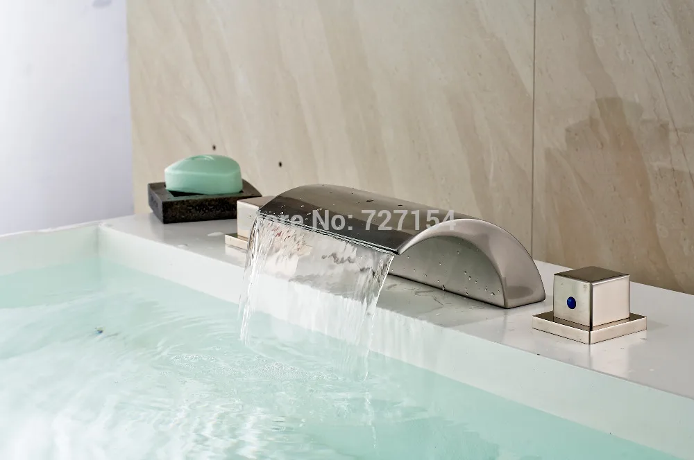 

Free Shipping! New Widespread Spout Waterfall Basin Faucet Dual Square Handles Sink Mixer Tap