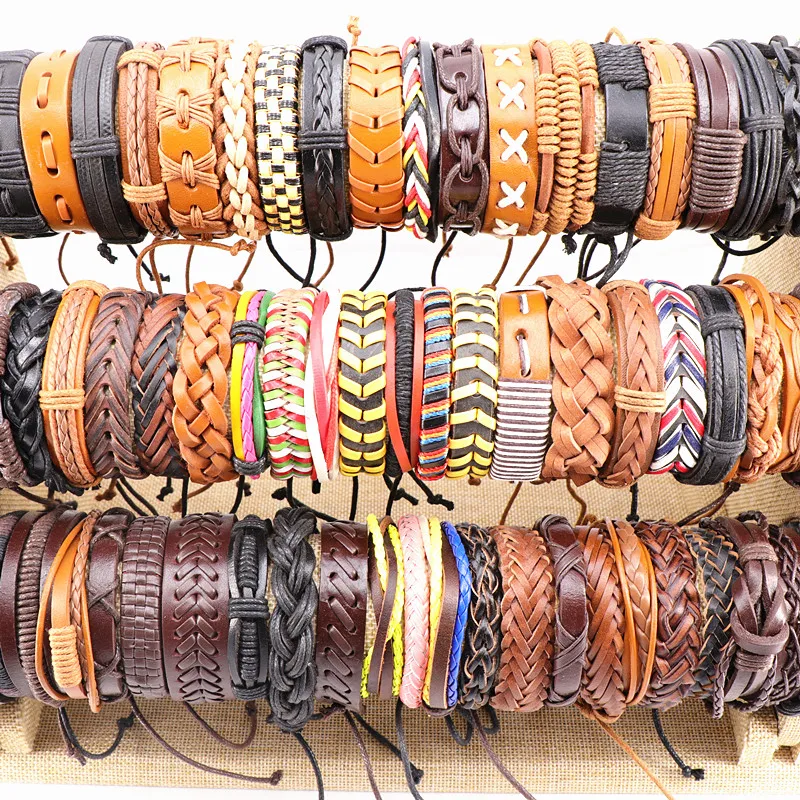 

Wholesale 100pcs/Lots Assorted Vintage Handmade Mens Cuff Leather Braided Jewelry Bracelets Wrist Bangle For Women