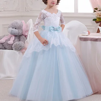

New Summer Girl Long Dress Lace Flower 3/4 Sleeves Backless Bow Tie Wedding Girls Princess Dresses 88 88