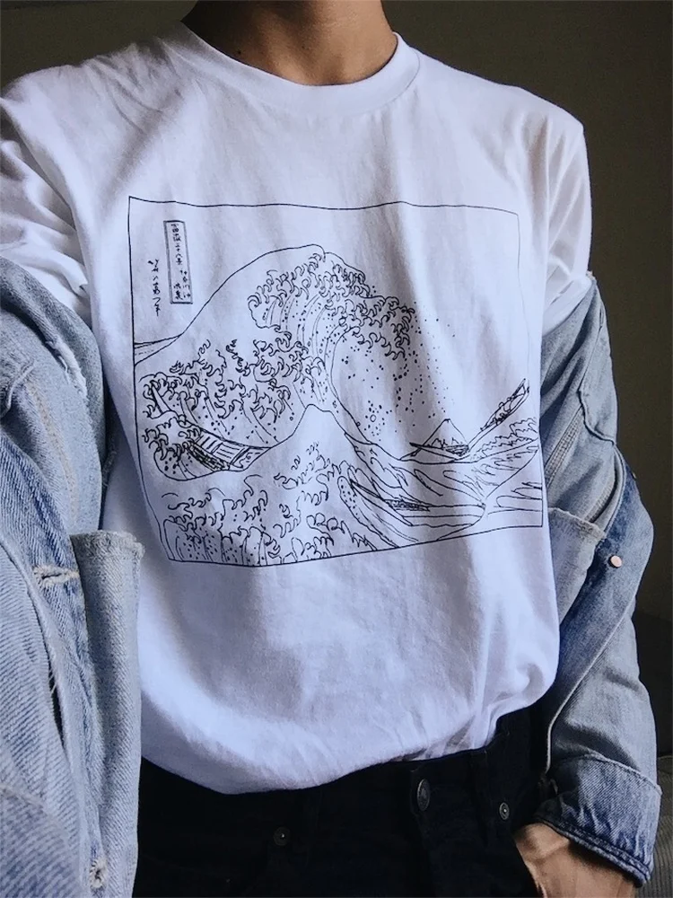 Модная футболка Hjn унисекс в винтажном стиле, модная футболка Hokusai с волнистым контуром, Tumblr, гранж, белая футболка с графическим рисунком, милые летние топы