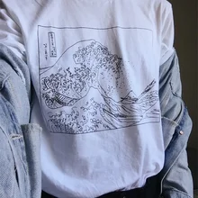 Модная футболка Hjn унисекс в винтажном стиле, модная футболка Hokusai с волнистым контуром, Tumblr, гранж, белая футболка с графическим рисунком, милые летние топы