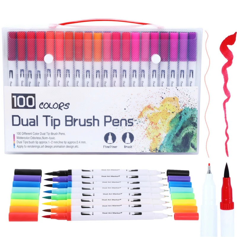 

100PCS Colors Dual Tip Brush Pen FineLiner Drawing Painting Watercolor Art Marker Pens School for Coloring Manga Calligraphy