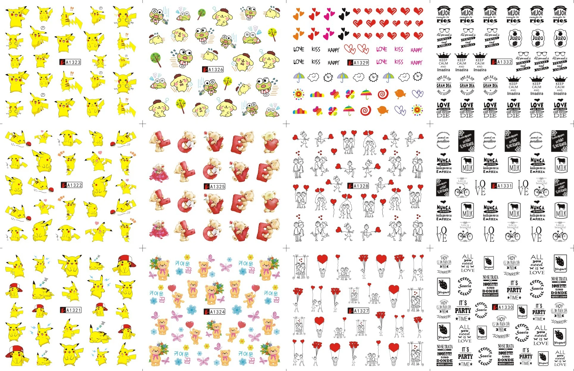 

12 Sheets/Lot Nail A1321-1332 Yellow Pikachu Black Letter Nail Art Water Wraps Sticker Decal For Nail (12 DESIGNS IN 1)