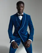Mais recentes Modelos Casaco Calça Homens Terno de Veludo Azul Royal Duplo Breasted Slim Fit 3 Peça Smoking Feito Sob Encomenda Prom Noivo Blazer Masculino