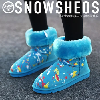 

2019Small p high quality fashionable casual doodle knee-high genuine leather snow boots female round toe flat heel boots cowhide