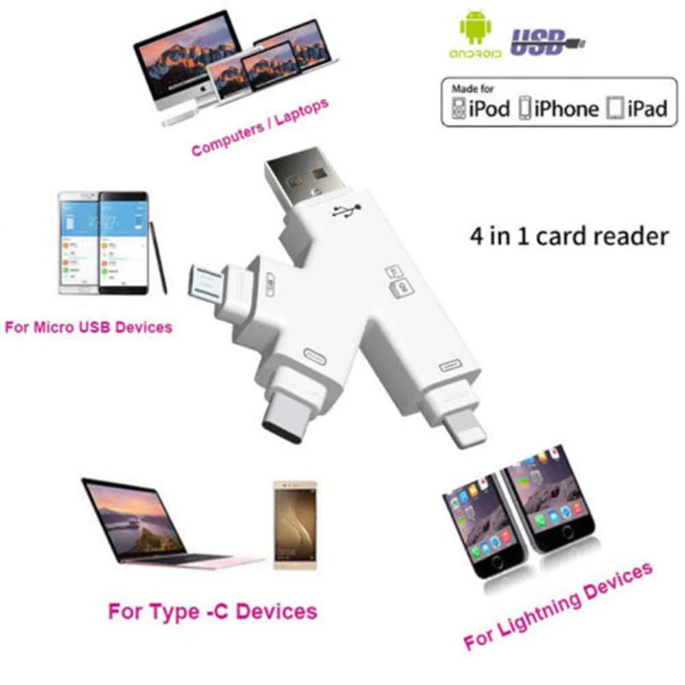 Новый 4 в 1 Micro SD и TF Card Reader USB C Тип адаптер OTG Картридер для iPhone XS max/XS/X/7 8 плюс Android Phone