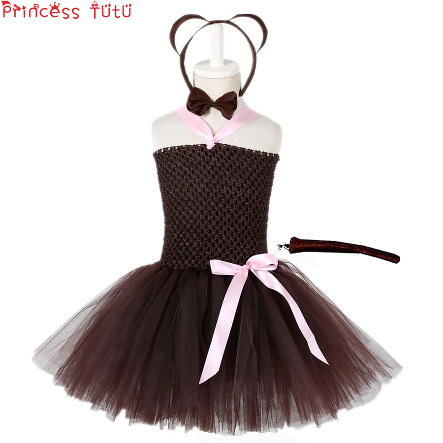 

Halloween Bear Suit Tutu Dress Coffee Brown Cute Animal Christmas Dress Kid Girl Birthday Party Dress With Bow Tie Headwear Tail