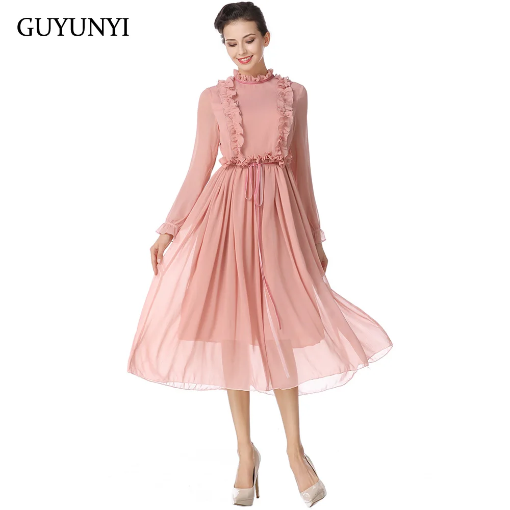 

GUYUNYI Elegant Vintage Dress Evening Women Chiffon Party Dress Lotus Leaf Decoration Long Sleeve 2018 New Arrival CX834