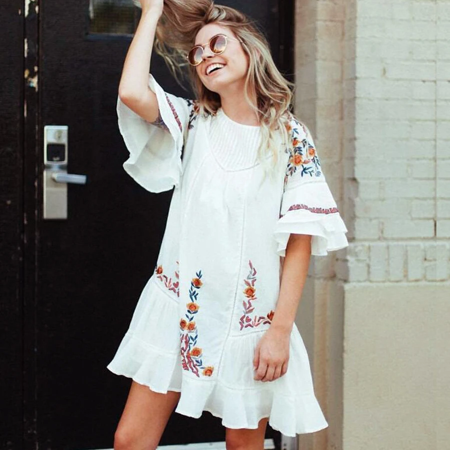 Vintage Floral Embroidery Dresses 2018 cotton short summer dress ...