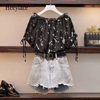

2 piece short set for women 2019 summer new jeans suit floral fold T-shirt +high waist denim shorts lady sets large size l-5xl