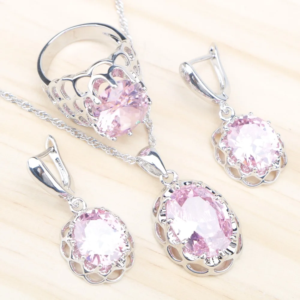 Розовый циркон серебро 925 Ювелирные наборы для женщин Свадебные серьги с Подвеска для ожерелья в виде камней кольца набор ювелирных изделий Подарочная коробка