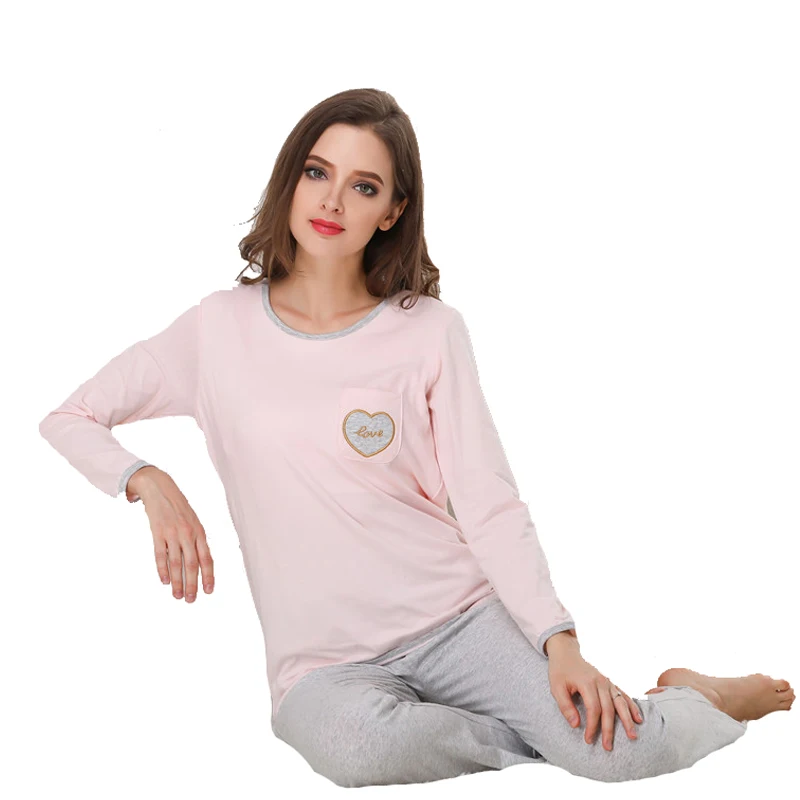 New 2018 Women Pajama Sets Letter Heart Cute 2 Pieces Set Long Sleeve Elastic Waist Pants Cotton