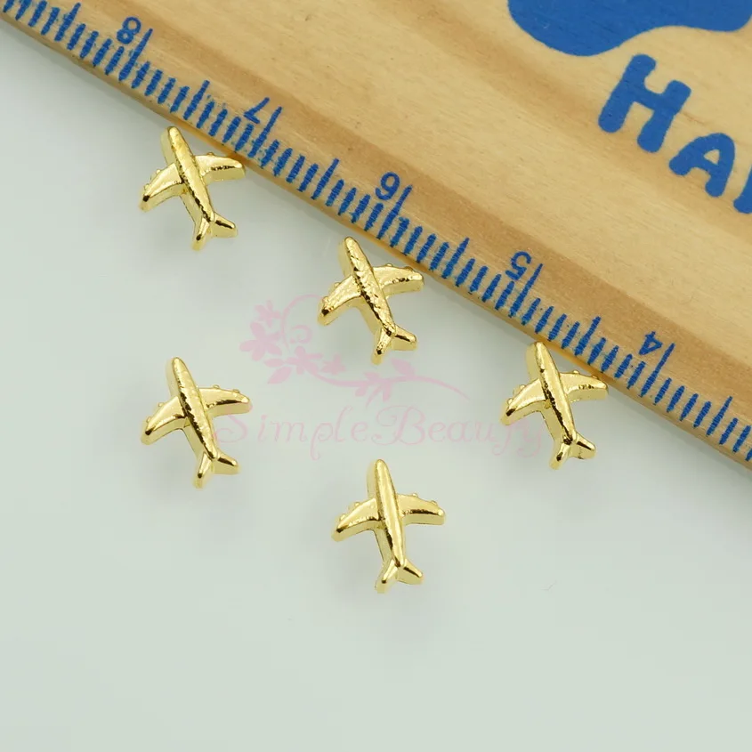 100PCS/LOT Airplane Shape 3D DIY Decor Gold Plated Metal Alloy Nail Art Manicure Charms Jewelry Scrapbook Phone Case Accessories 3