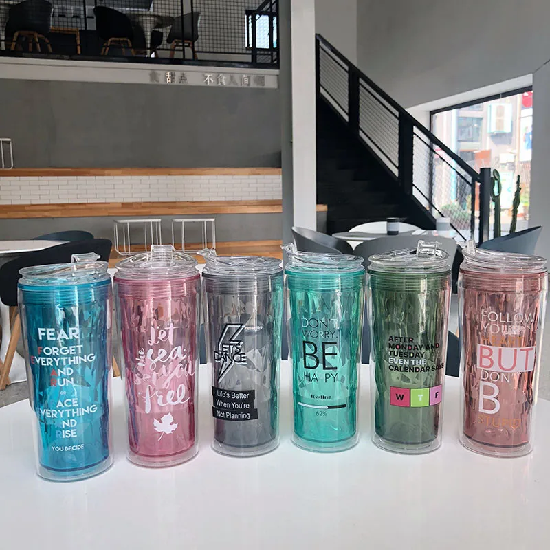 

Hot Sales 14oz Double Wall Plastic Straw Beer Cup 400ml Diamond Crystal to Go Cold Juice Cup With Tumbler Insulated Auto Mug