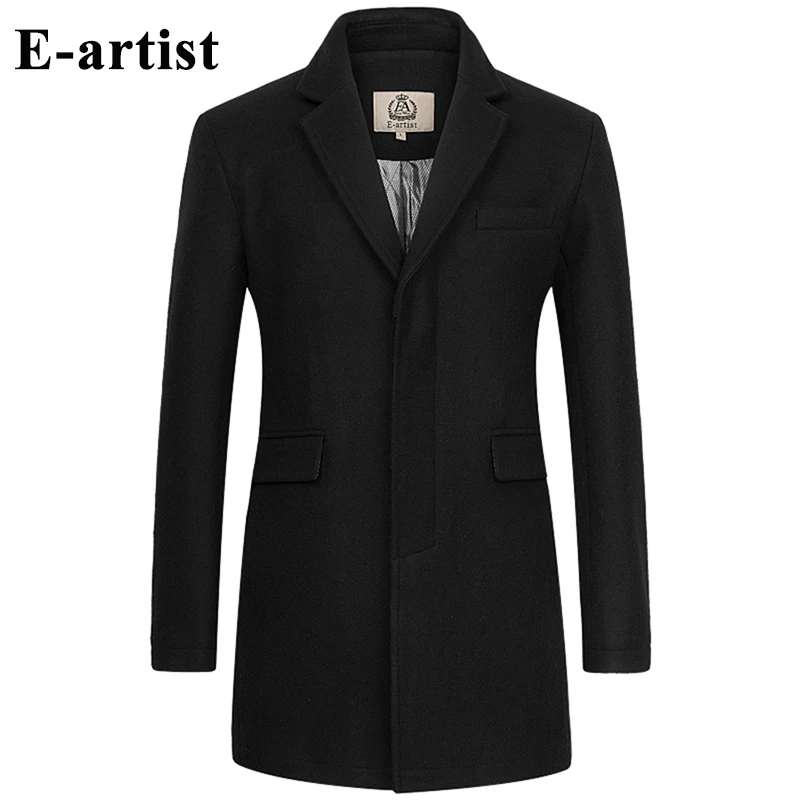 E artist Men's Slim Fit Business Casual Long Wool Coats Male Warm