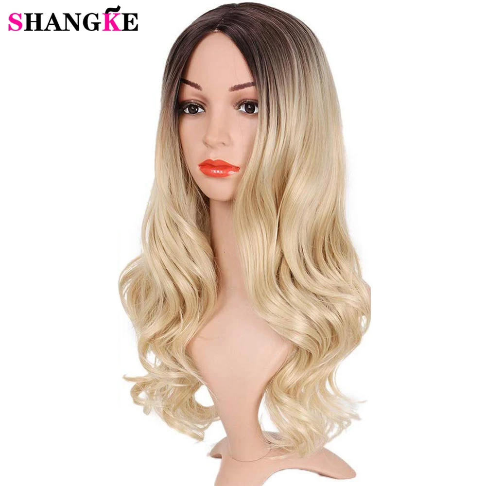 Long Ombre Brown Ash Blonde Temperature Synthetic Wig for Black/White Women Glueless Wavy Cosplay Hair Wig SHANGKE