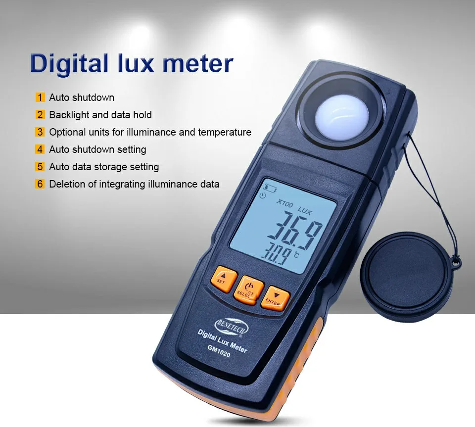 Лидер продаж цифровой Lux Light Meter GM1020 USB ЖК-дисплей подсветка Дисплей ручной фотометр до 200000 Люкс метр