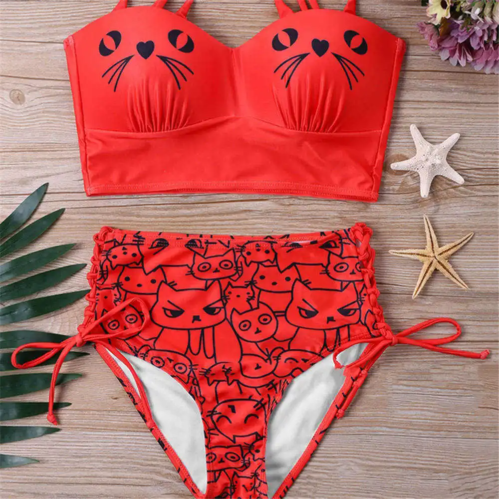 

Cute 3D Cats Print Swimsuit High Waist Bikini Set Push-Up Swimwear Padded Bathing Suit Beachwear Biquini 2019