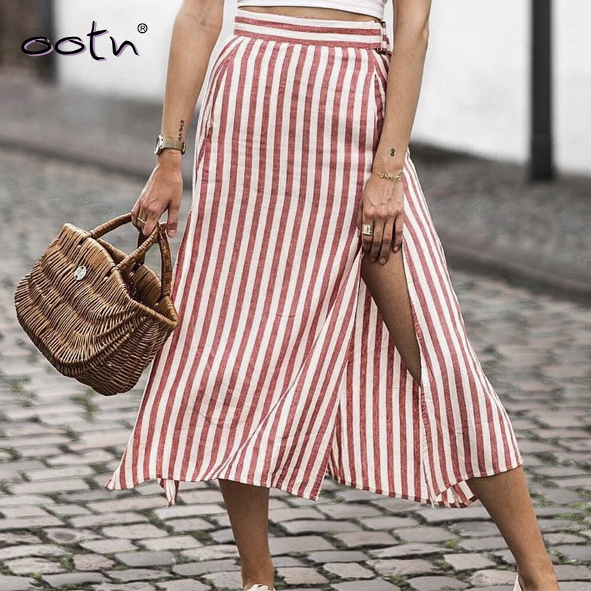 

OOTN Red White Split Striped High Waist Skirts Women Sexy Zipper Long Skirts Female Office Midi Skirt Ladies Casual Fashion 2019