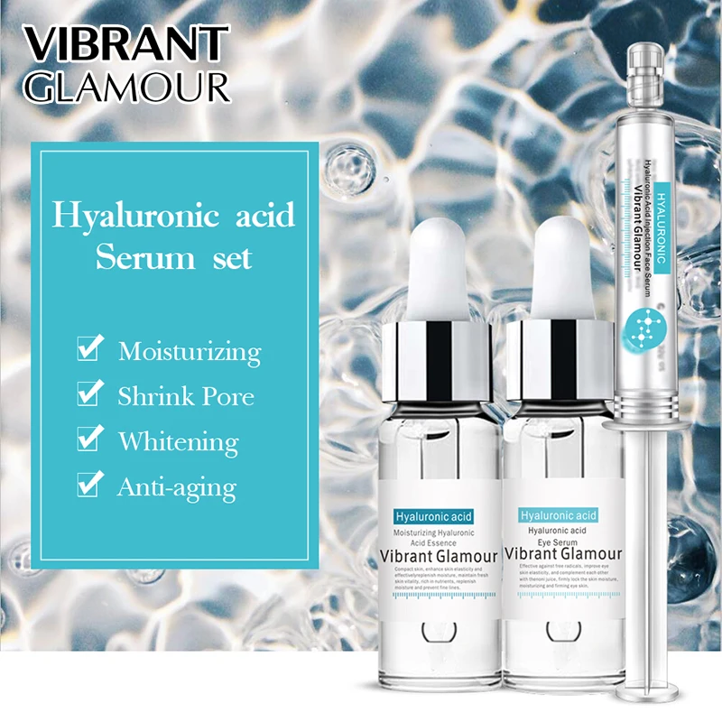VIBRANT GLAMOUR Hyaluronic Acid  Set Face Serum Eye Essence Whitening Moisturizing  Anti Wrinkle Shrink Pores Skin Care Suit