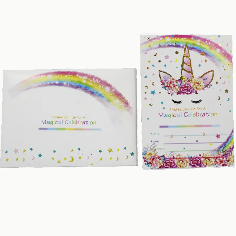  Hot Stamping Unicorn Design 12/20pcs cards Envelopes Invitation Card for kids Birthday Party Supply - 33004747197