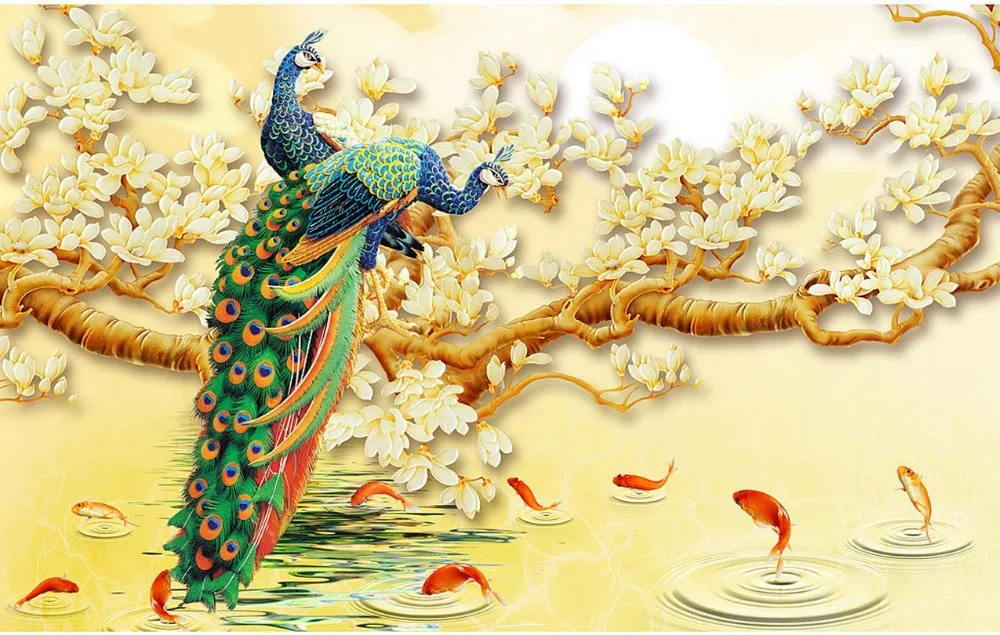 3d wallpaper flower peacock magnolia living room TV 