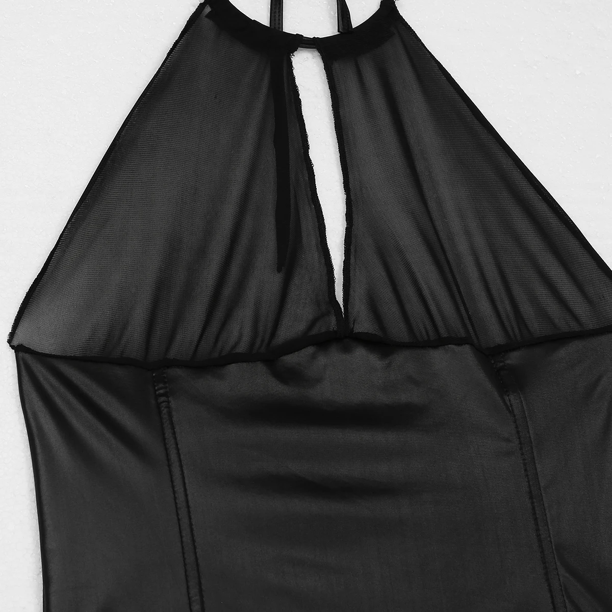 Сексуальные женщины Wetlook женское белье из лакированной кожи платье Клубная одежда Холтер шеи Прозрачная сетка экзотическое Прозрачное платье пижамы с стрингами