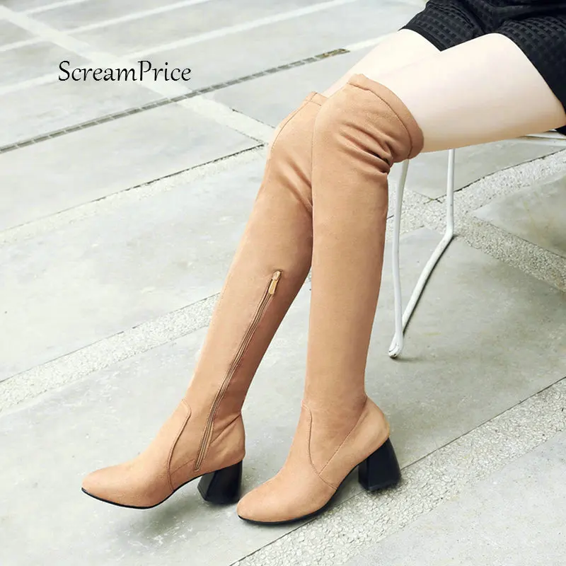 

New Women Over the Knee Boots High Heel With Side Zipper Fashion Slip On Warm Winter Elastic Boots Black Apricot Gray