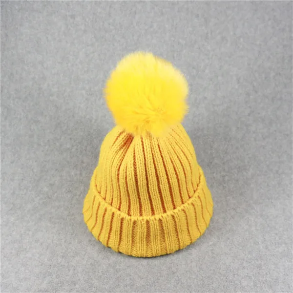 Новинка года, шерстяные вязаные однотонные детские шапки, вязаные шапочки для мальчиков и девочек, зимняя и весенняя теплая шапка, детская одежда, аксессуары - Цвет: yellow ball