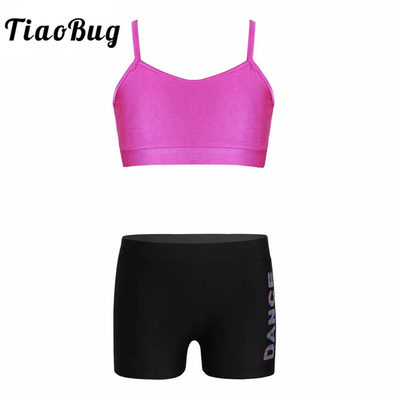 

TiaoBug Kids Dance Wear Crop Tank Top Dance Printed Shorts Set for Stage Girls Ballet Dance Workout Gymnastics Shorts Sports Set
