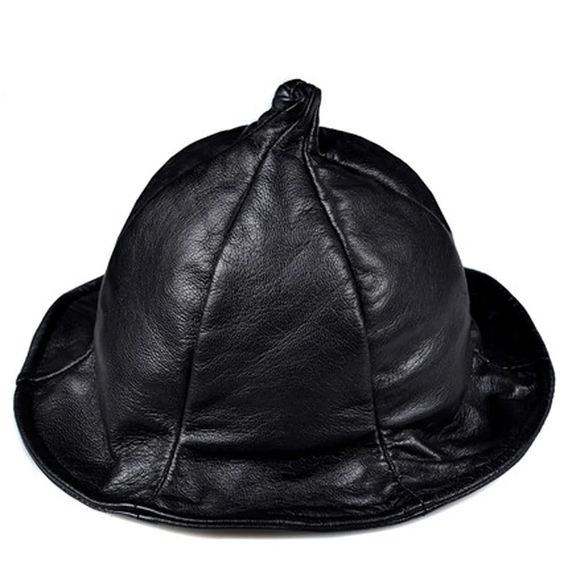 

NEW Exclusive Unisex Vintage Black Genuine Leather Pot Wizard Hat Wome/Men Casual Street Big Brim All Saints' Day Beanies Caps