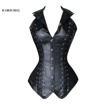 

Kimring Women's Plus Size Halter Steampunk Corset Vest Gothic Faux Leather Steel Boned Overbust Corsets and Bustiers Corselet